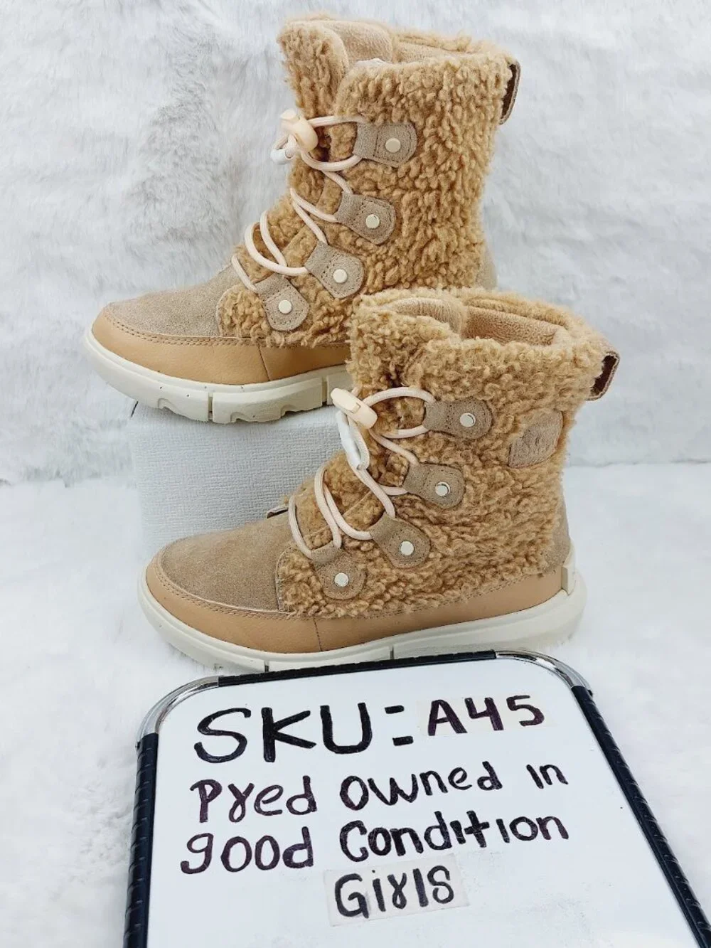 Sorel Explorer Cozy Youth Girl's Tan Canoe Chalk Lace-Up Winter Boots Size US 2
